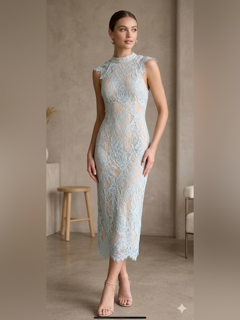 Southern Fried Chics Light Blue Lace‎ Halter Midi Dress Eyelash Trim Size Medium